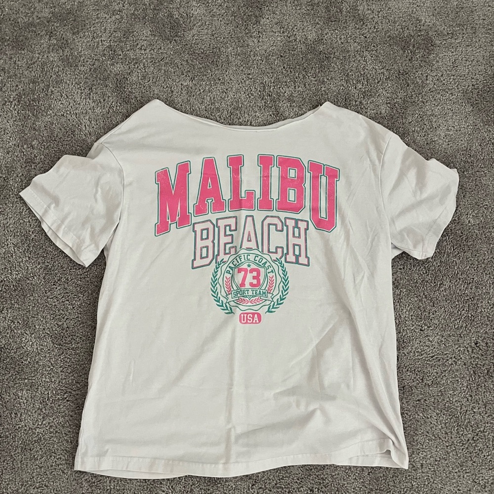 White Malibu beach graphic oversized off the shoulder cut tee shirt